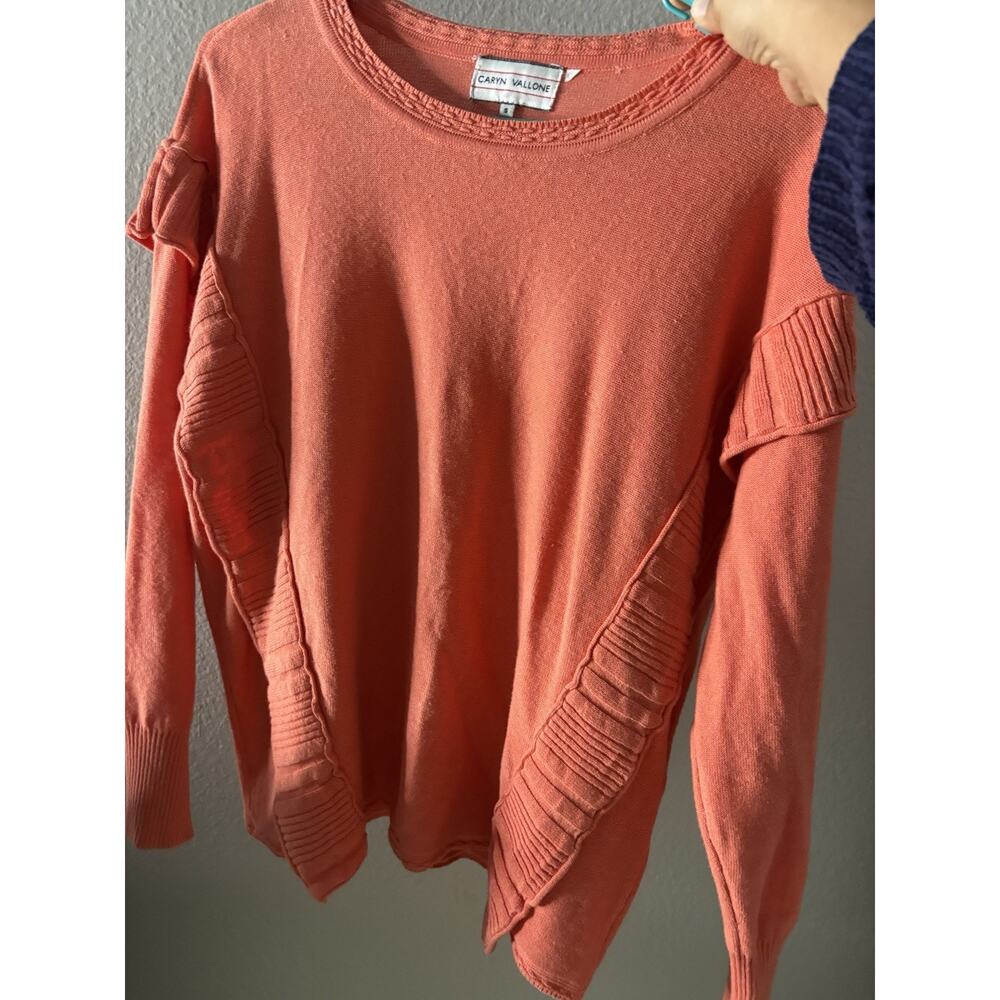 Caryn Vallone Ruffle Accent Knit Pullover Sweater Coral Crew Neck Long Sleeve S
